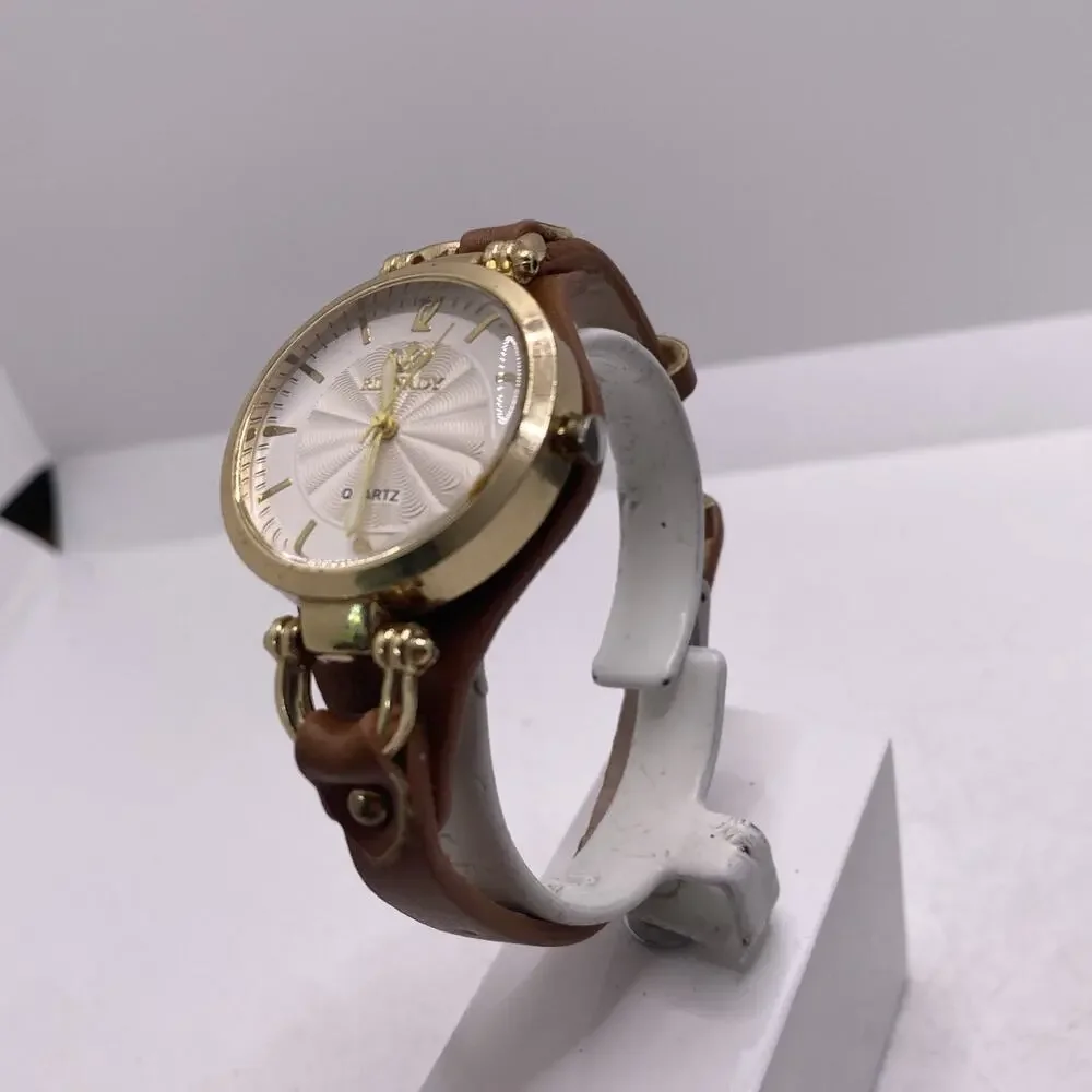 Womens Gold Tone Brown Leather Watch New Battery